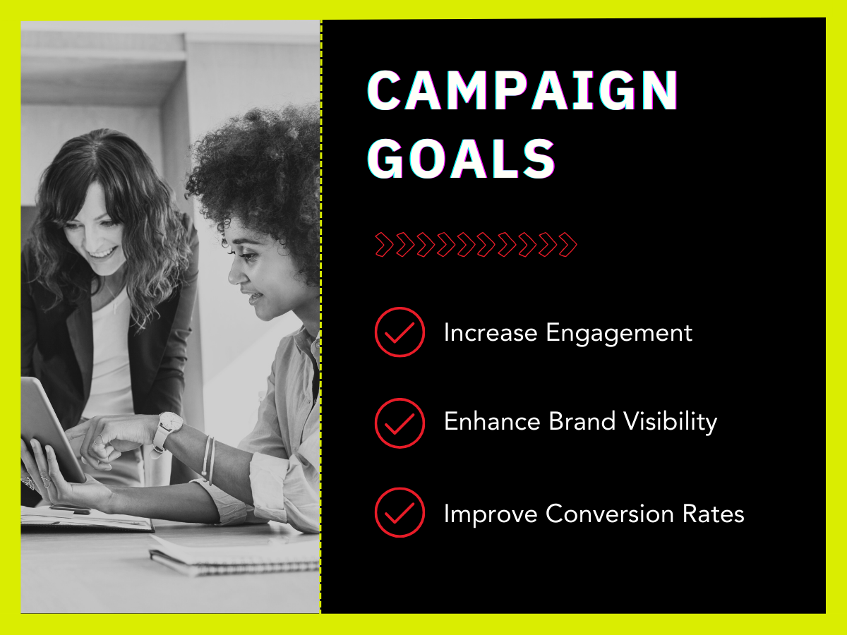 Graphics illustrating how our client IAC (Information Architecture Conference) had three main goals. They wanted to increase engagement, enhance brand visibility, and improve conversion rates. 